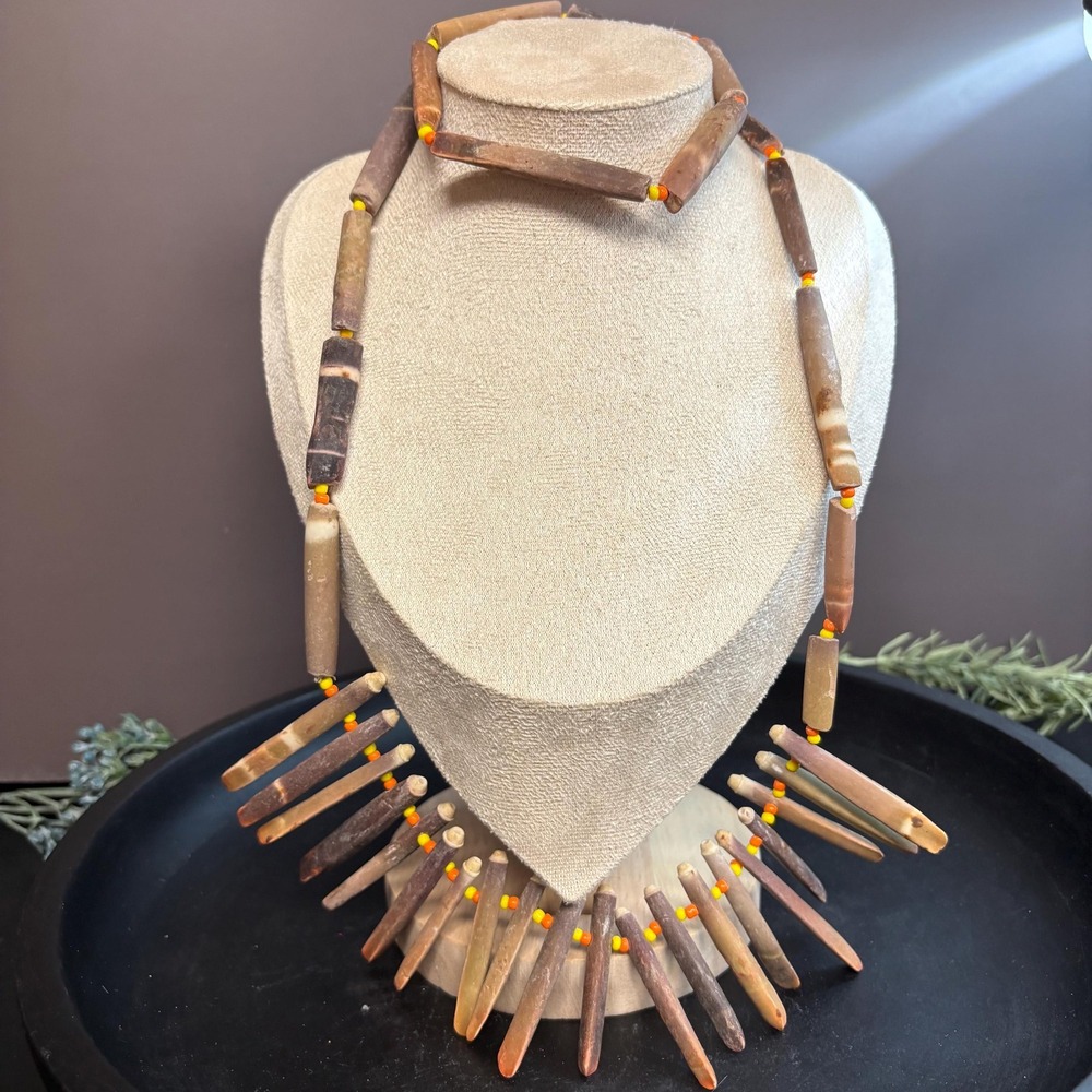 Vintage Bone Boho Fringe Necklace |‎ Spike Beads | Brown Marbled Statement Bib